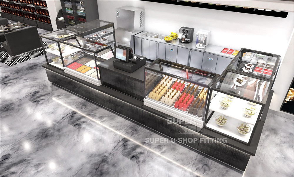 Modern Nuts Store Fixture Design Retail Shop Snacks Display Hot Dessert Sweet Counter Decoration Ice Cream Display Cabinets