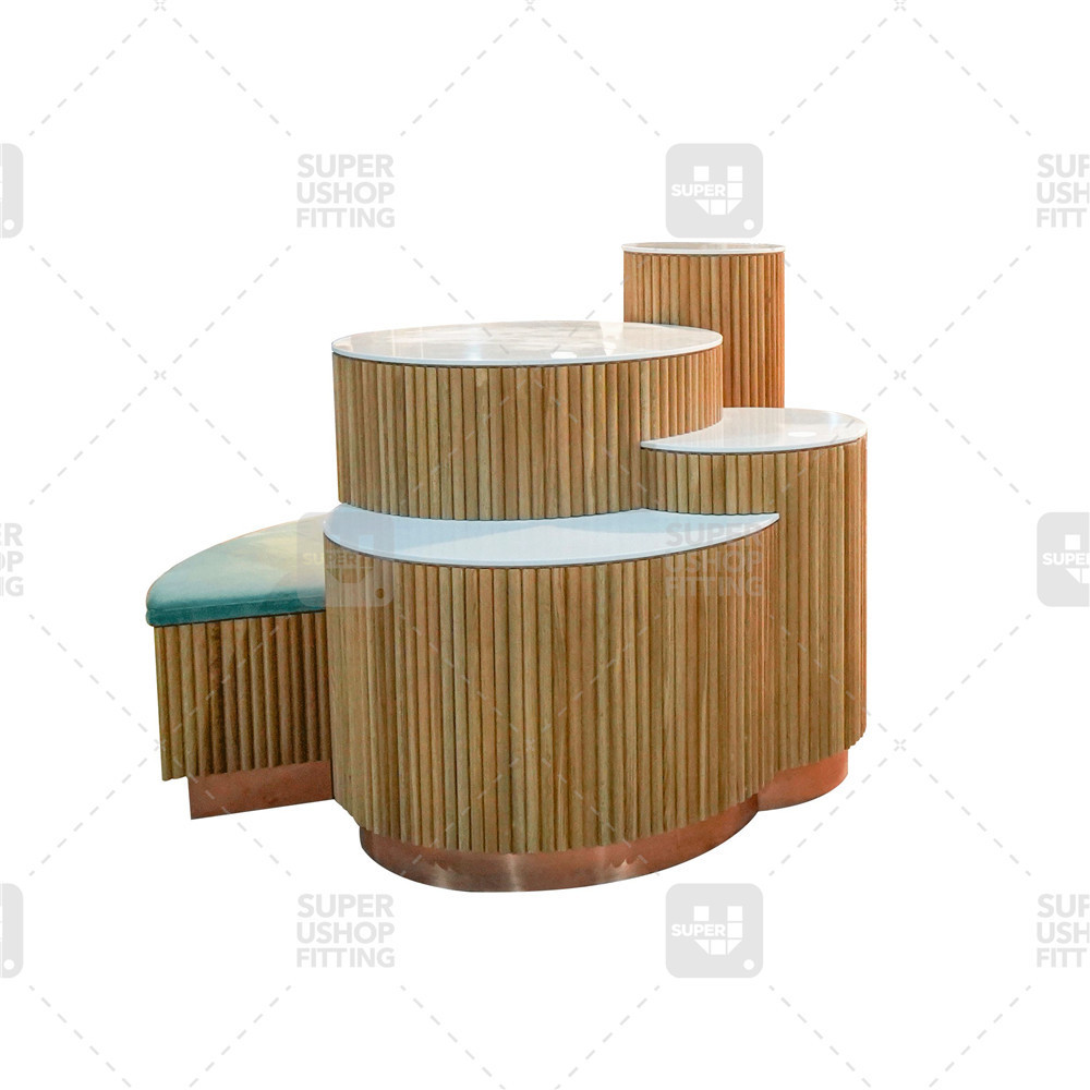 Custom Wooden Accessory Round Tiered Fixtures Solid Wood Pos Display Rack Top Marble Boutique Pop Up Display Stand for Shoes