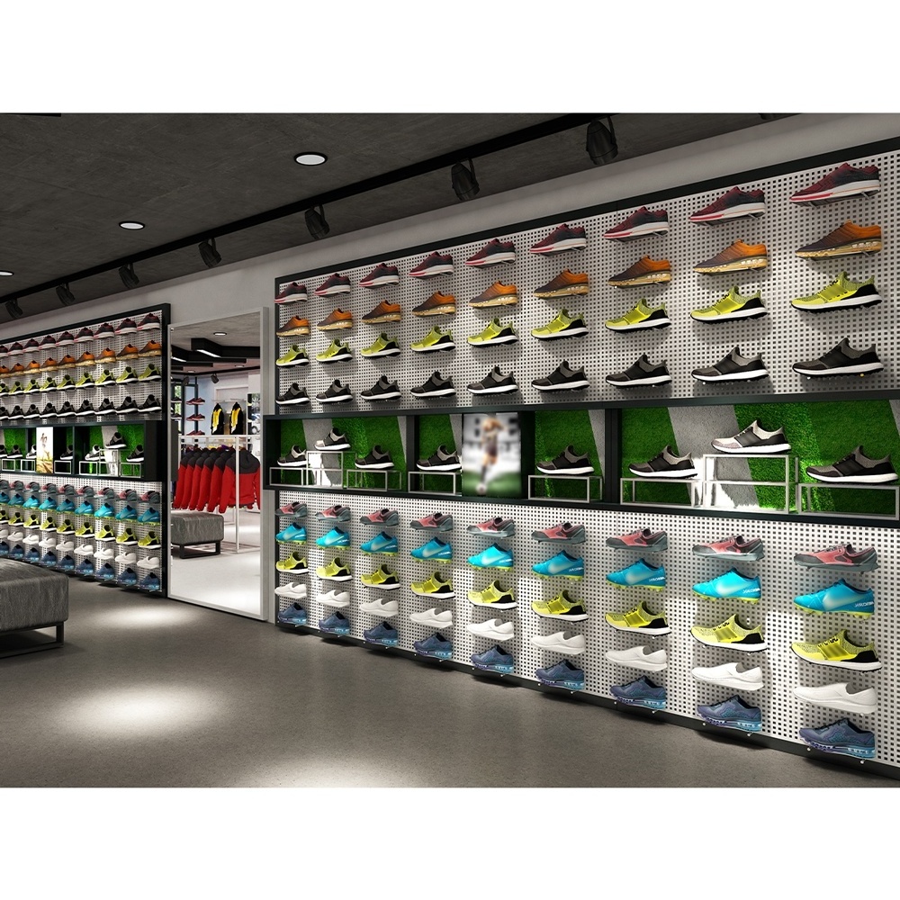 Professional Customized Shoes Display Stand Sportswear Shop Interior Design Ideas Modern Sneaker Retail Shop Wall Display Shelf