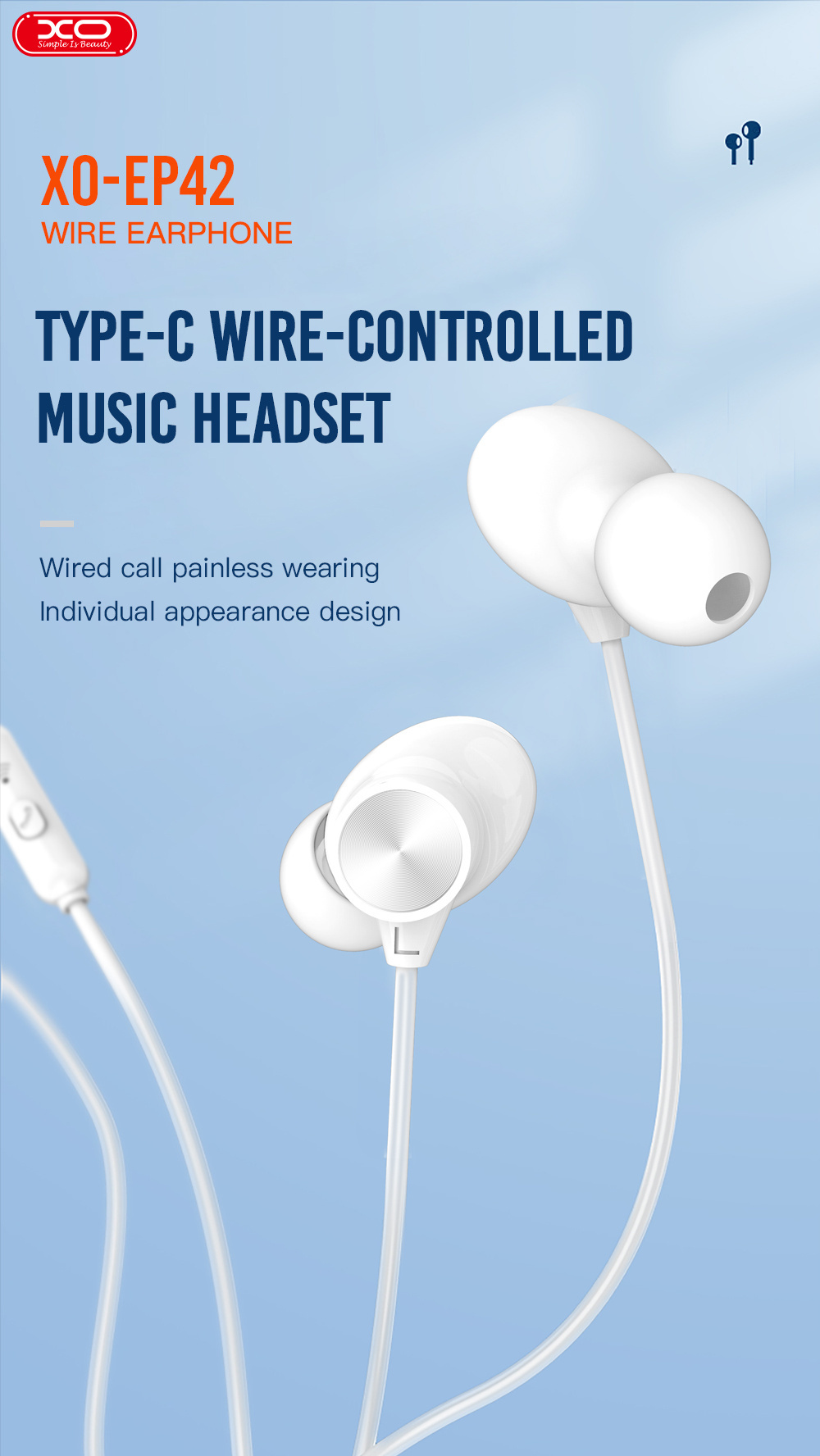 XO EP42 Type-c  Music  Earphone  Headphone Earphone  Stereo Earbud Wire  In Ear For Mobile Phone