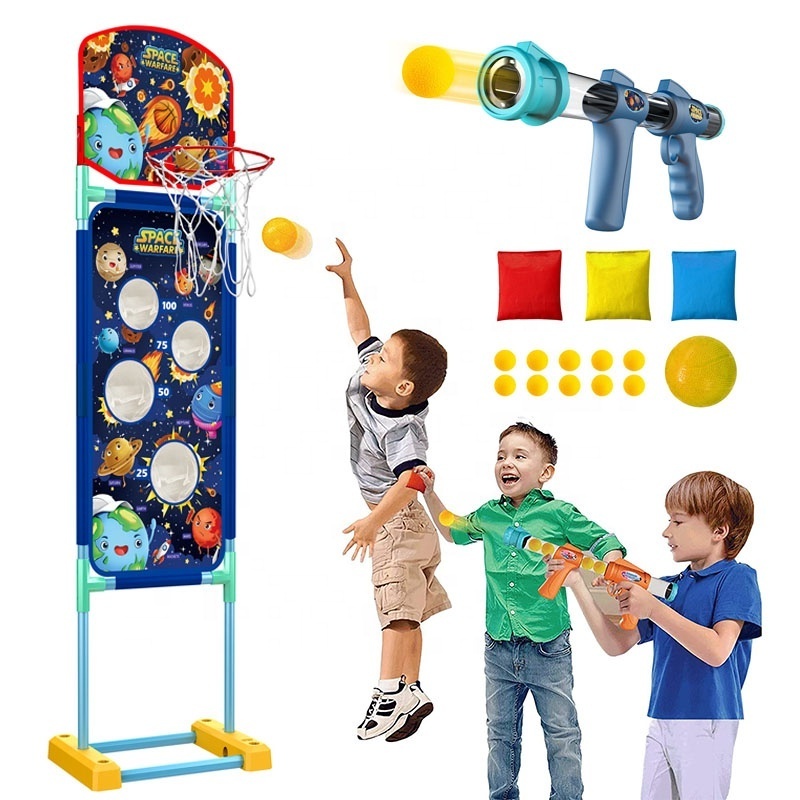 Kids 3in1 Indoor Sports Toy Foam Soft Bullet Air Shooting Gun Target Bean Bags Toss Game with Moving Target