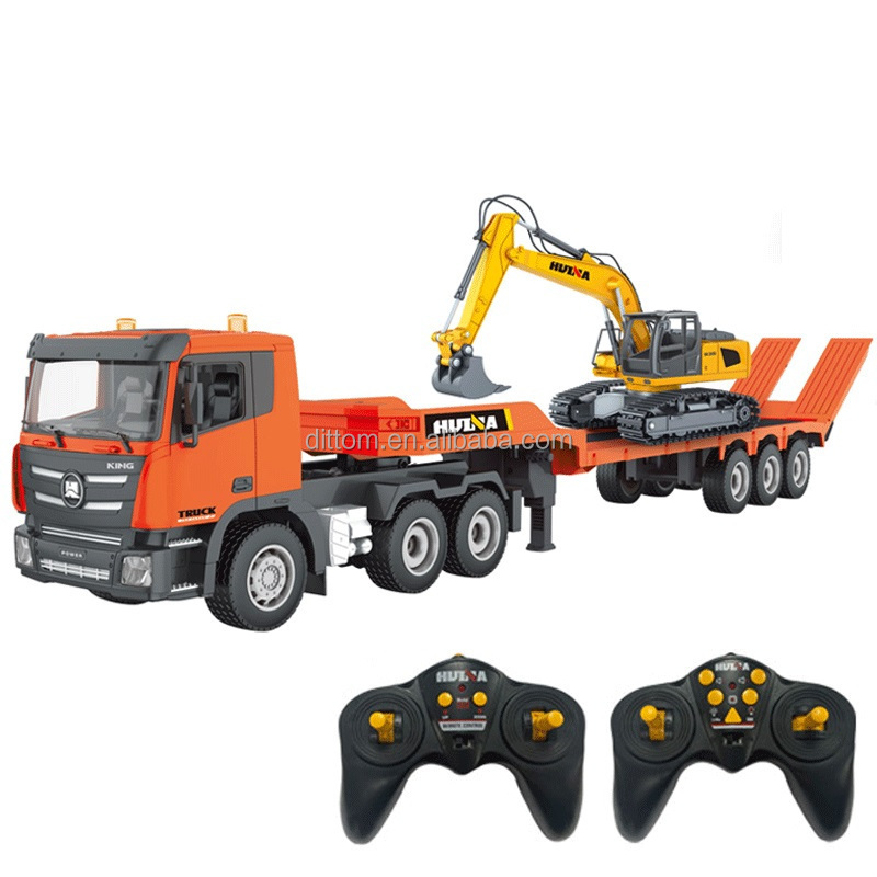 HuiNA 1319 2in1 RC Flatbed Trailer With Excavator Truck 1:24 9CH Rc Engineering Digger Carrier Trailer