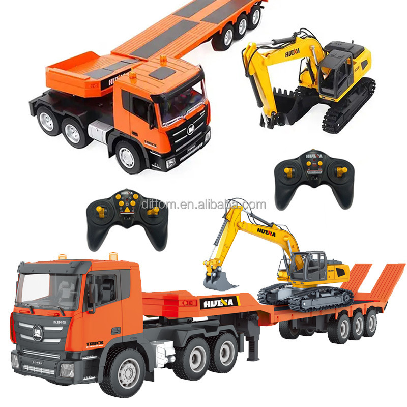 HuiNA 1319 2in1 RC Flatbed Trailer With Excavator Truck 1:24 9CH Rc Engineering Digger Carrier Trailer