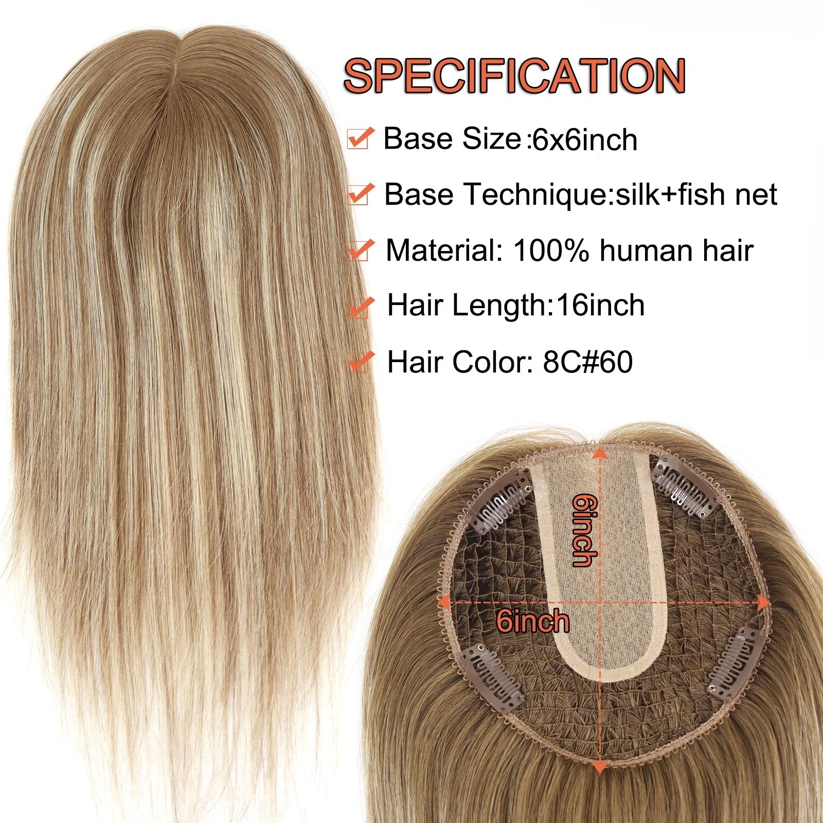 Chinese Human Hair Fishnet Topper Highlight Blonde Color Hair Piece Jewish Kosher Topper Silk Base Toupee For Women