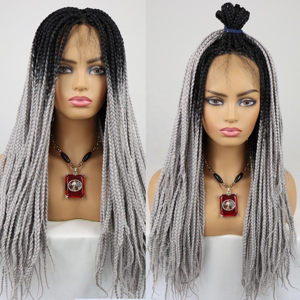 Women Premium Glueless Synthetic Hair Lacefront Wig Box Braid Hand Made African Braided Lace Wig with Baby Hair