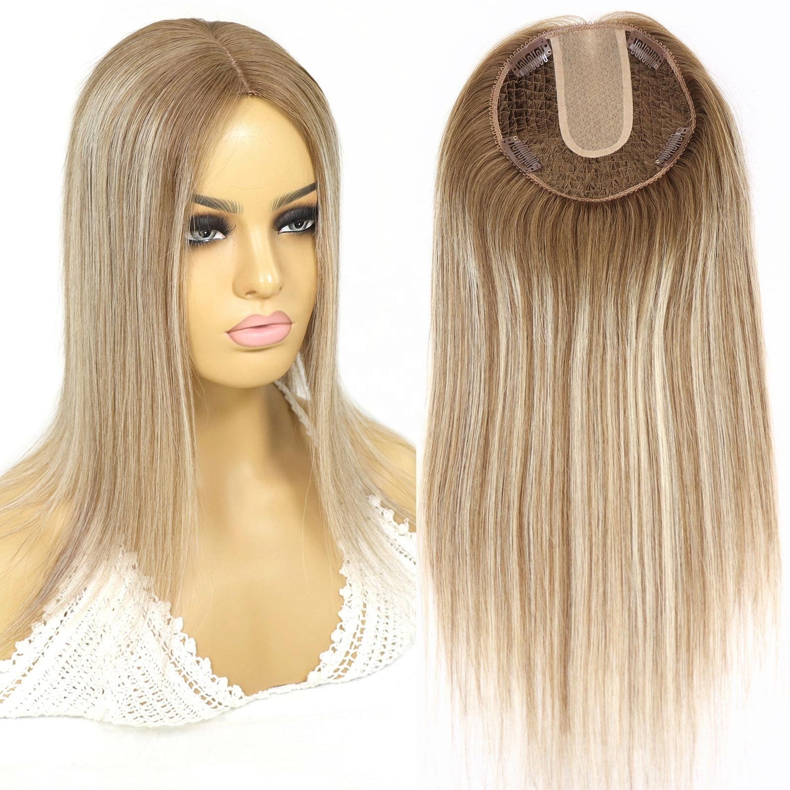 Chinese Human Hair Fishnet Topper Highlight Blonde Color Hair Piece Jewish Kosher Topper Silk Base Toupee For Women