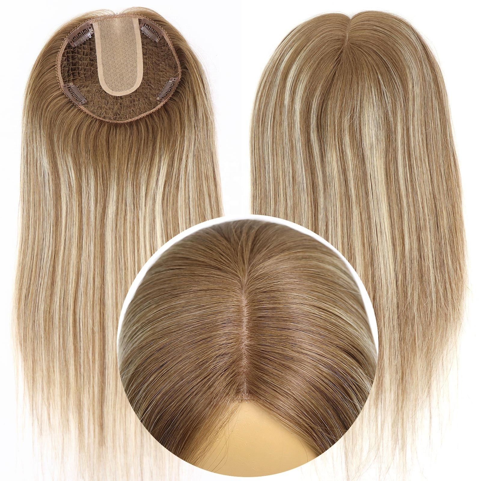 Chinese Human Hair Fishnet Topper Highlight Blonde Color Hair Piece Jewish Kosher Topper Silk Base Toupee For Women