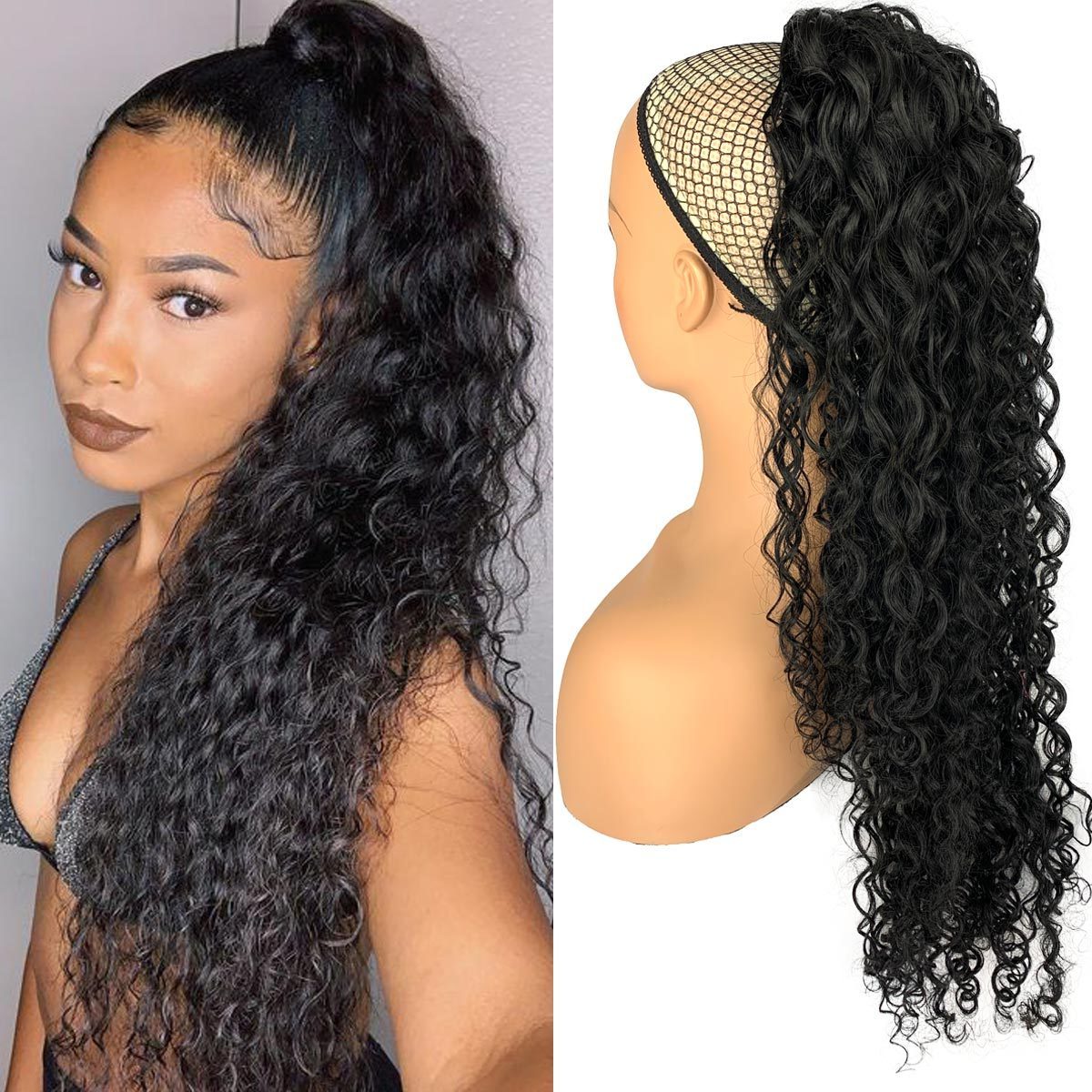 Human Hair Blend Ponytails Clip in Drawstring Long Curly Ponytail Hair Pieces Synthetic Hair Extensions Ponytail for Black Women