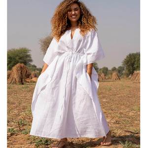 Modest Moroccan Beach Long Linen Or Cotton Tunic For Women Casual Dresses