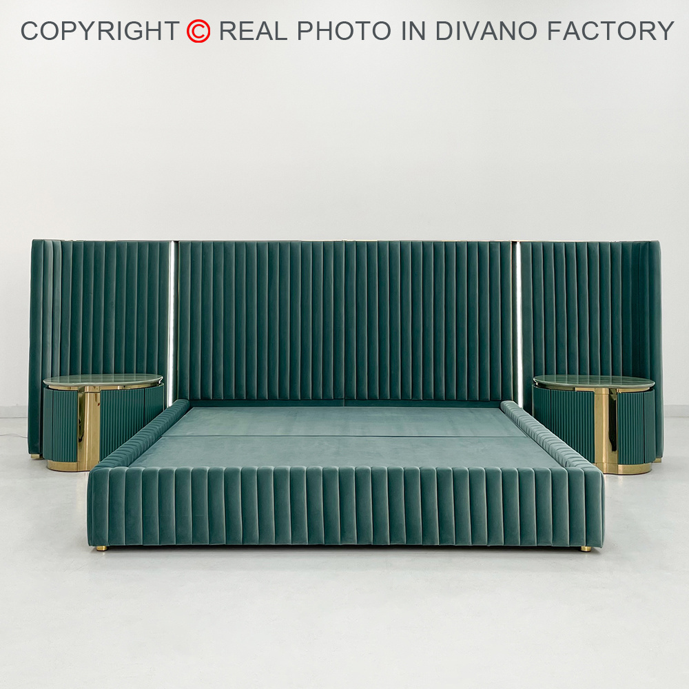 2023 new factory high end bed room furniture bedroom set dark green velvet high frame profile king size bed frame luxury bed