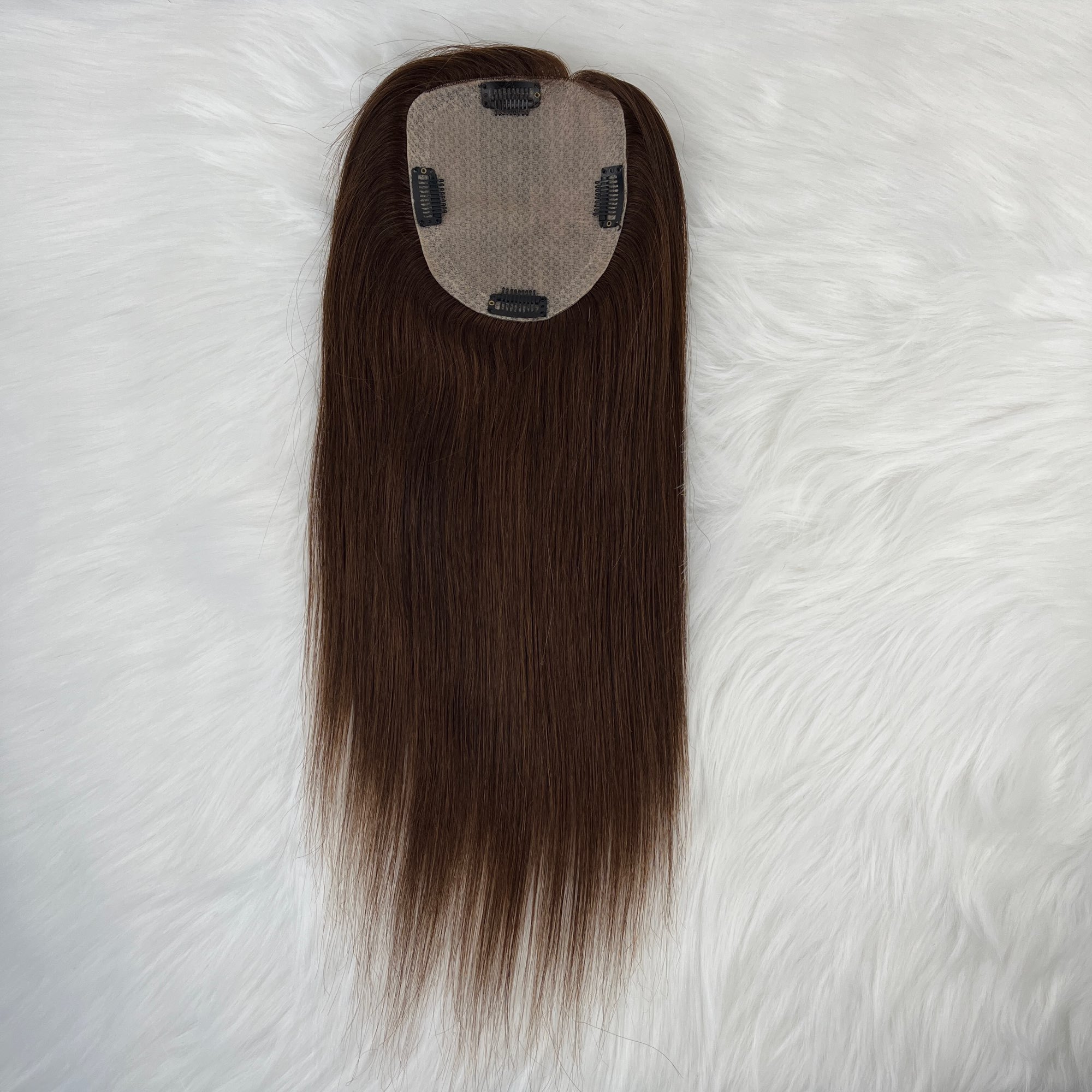 Brown Human Hair Topper with Side Bangs for Women Overlays Skin Base Toupee 5X5inch Scalp Top 4D Fringe Clip In Hairpieces