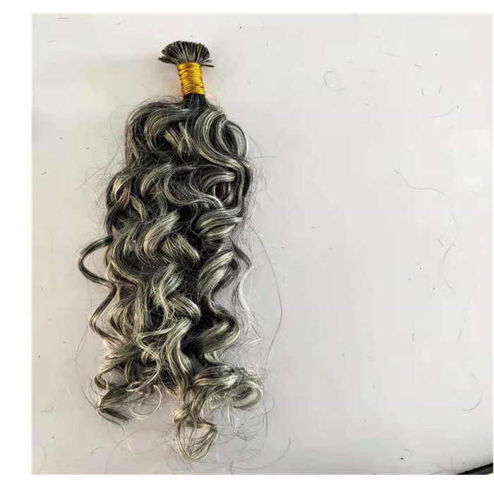 Kinky curly salt and pepper micro link i tip hair extensions gray silver grey curly human hair for braiding