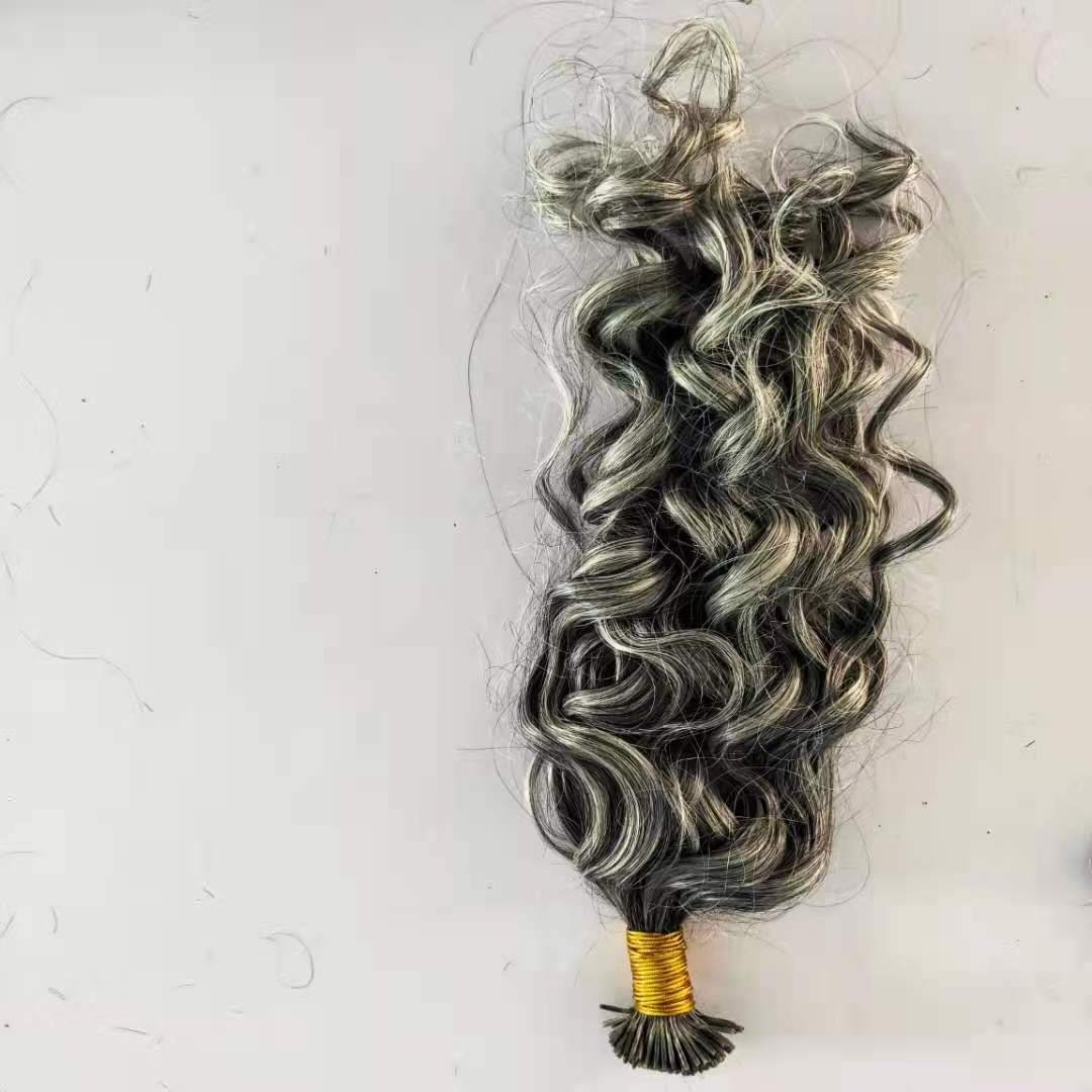 Kinky curly salt and pepper micro link i tip hair extensions gray silver grey curly human hair for braiding