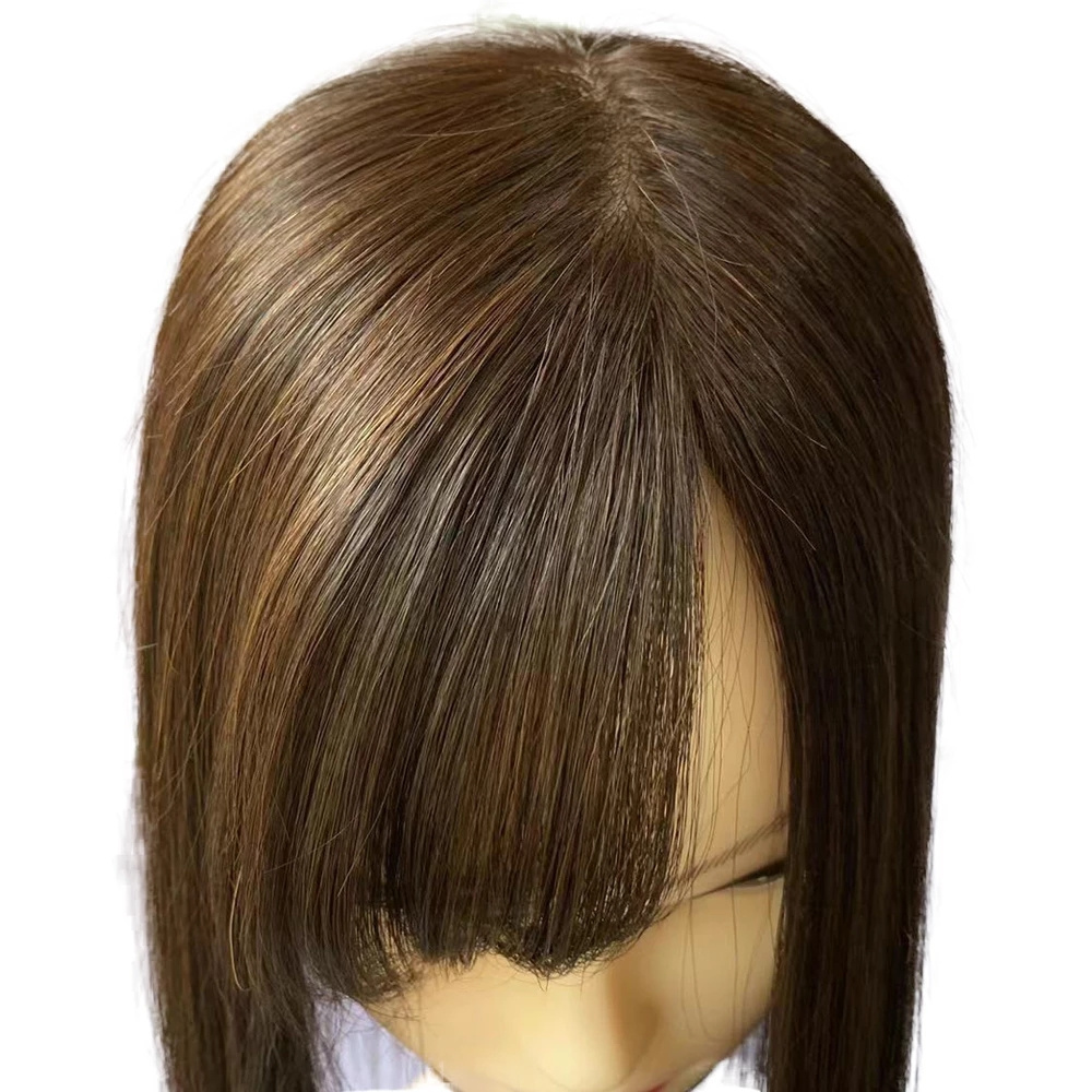 Brown Human Hair Topper with Side Bangs for Women Overlays Skin Base Toupee 5X5inch Scalp Top 4D Fringe Clip In Hairpieces