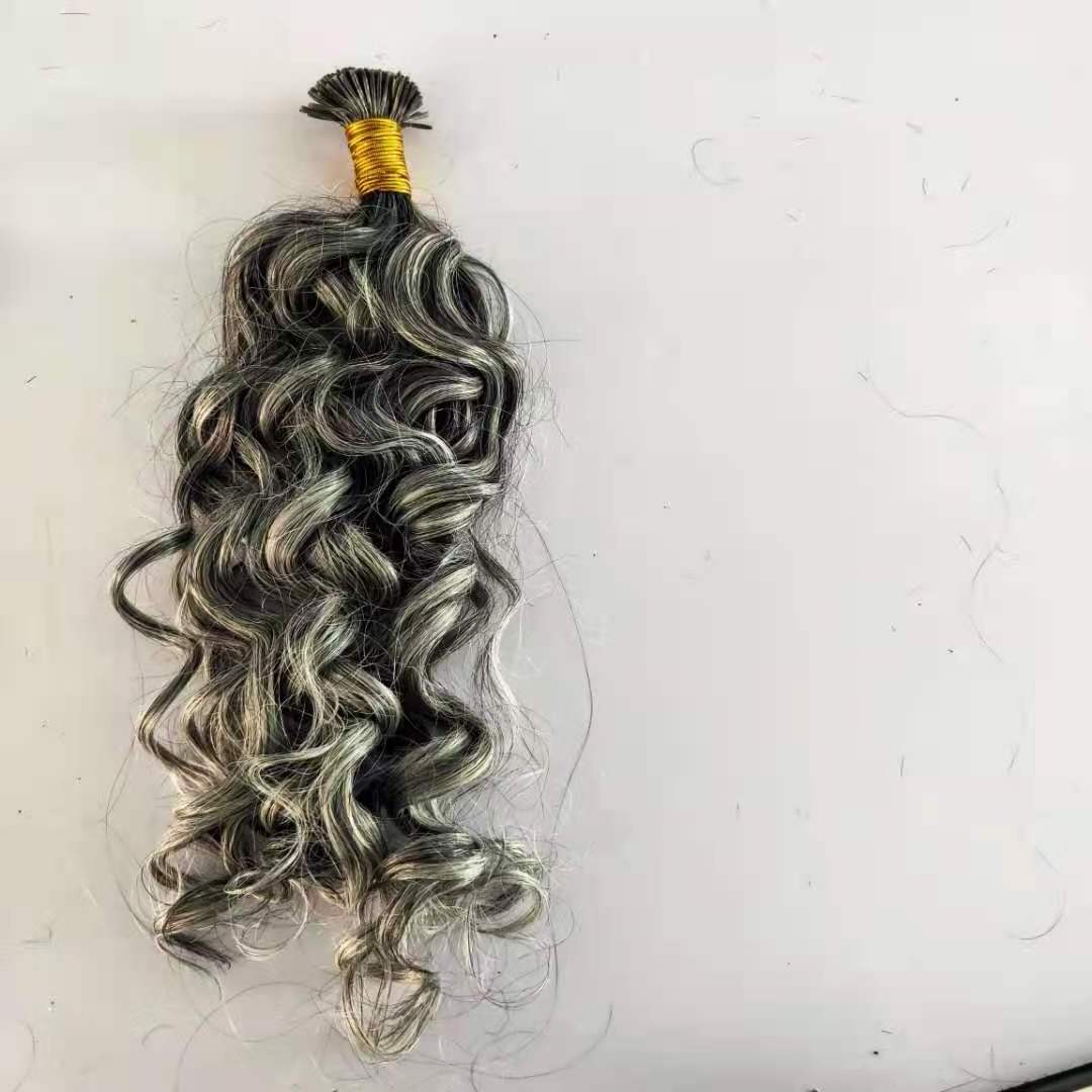 Kinky curly salt and pepper micro link i tip hair extensions gray silver grey curly human hair for braiding