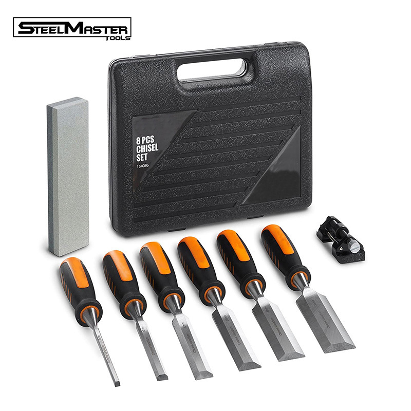 8pc Wood Steel Chisel Tool Kit Set including Honing Guide and Sharpening Stone Accessories in a Portable Case. OEM ODM Ready