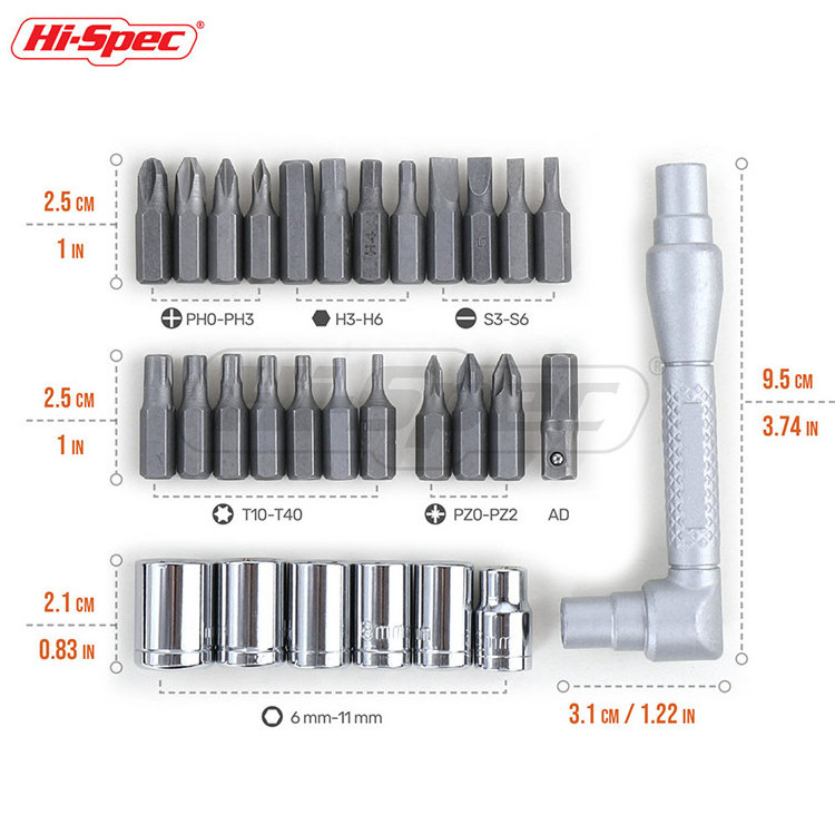 34pc Compact Screw Driver Bits & Metric Socket Set including a Dual Head Metal Wrench Handle. In a Portable Tray Box Case