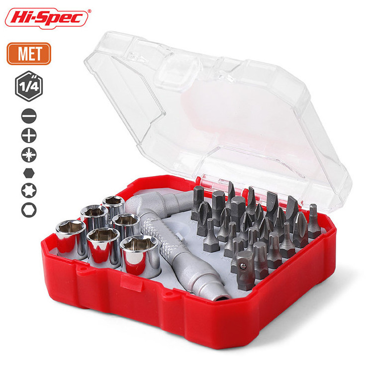 34pc Compact Screw Driver Bits & Metric Socket Set including a Dual Head Metal Wrench Handle. In a Portable Tray Box Case