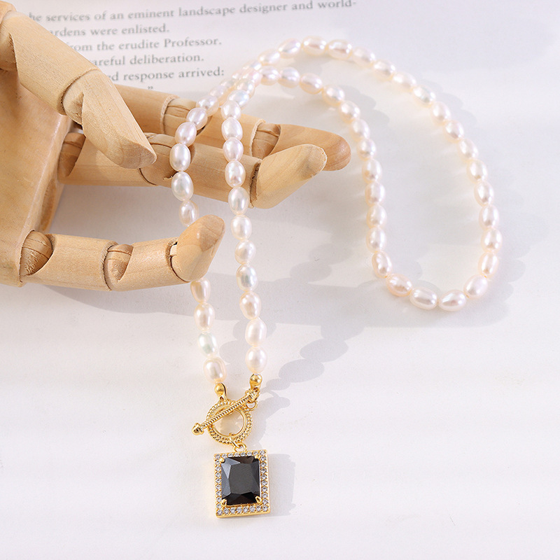 European And American Freshwater Pearl And Zirconia Full Of Stars Square Pendant Necklace In Titanium Steel Jewellery