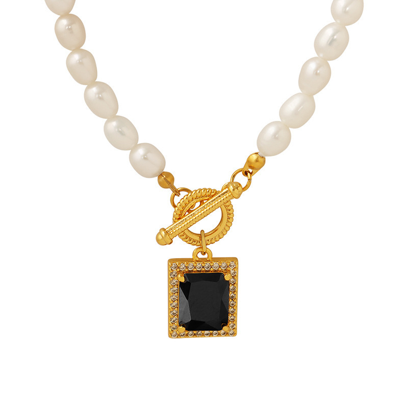 European And American Freshwater Pearl And Zirconia Full Of Stars Square Pendant Necklace In Titanium Steel Jewellery