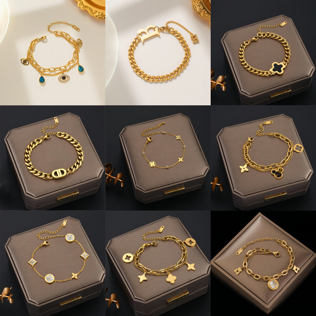 European and American Fashion Simple Color-free Titanium Steel Golden Four-leaf Clover Fritillaria Bracelet for Women