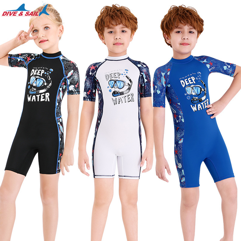 Wholesale Kids Surfing Diving Swim Suit Boys Girls Bathing Swimming Vetments One Piece Swimwear Short Sleeve Spandex Swimsuit