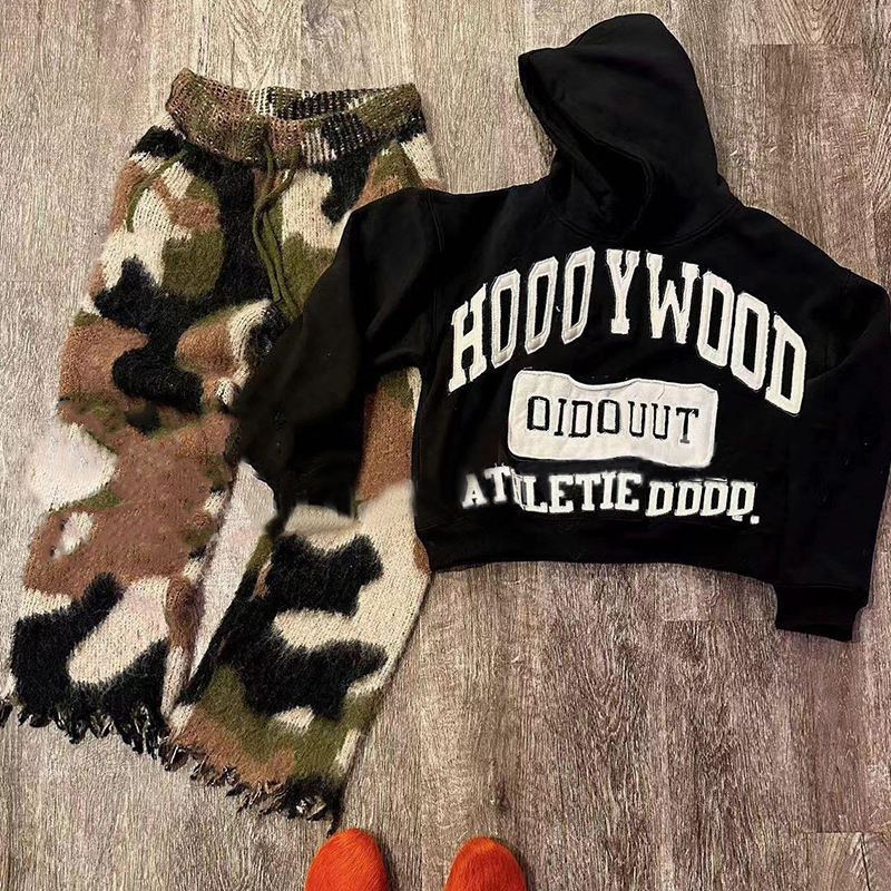 Custom Mohair Sweatpants Wool Camo Print Oversized Drawstring Streetwear Fluffy Graphic Knit Track Sweat Flare Men's Mohair Pant