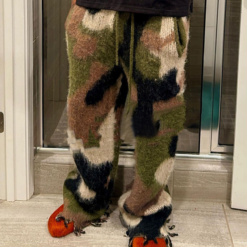 Custom Mohair Sweatpants Wool Camo Print Oversized Drawstring Streetwear Fluffy Graphic Knit Track Sweat Flare Men's Mohair Pant