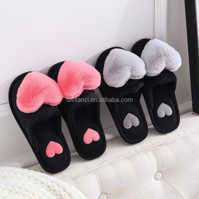 Winter Plush Heart Indoor Slide Slippers Custom Logo House Furry Warm Home Heart Plush Slipper For Women Girls