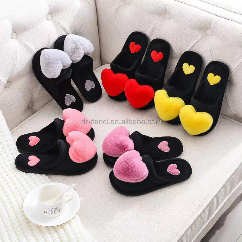 Winter Plush Heart Indoor Slide Slippers Custom Logo House Furry Warm Home Heart Plush Slipper For Women Girls