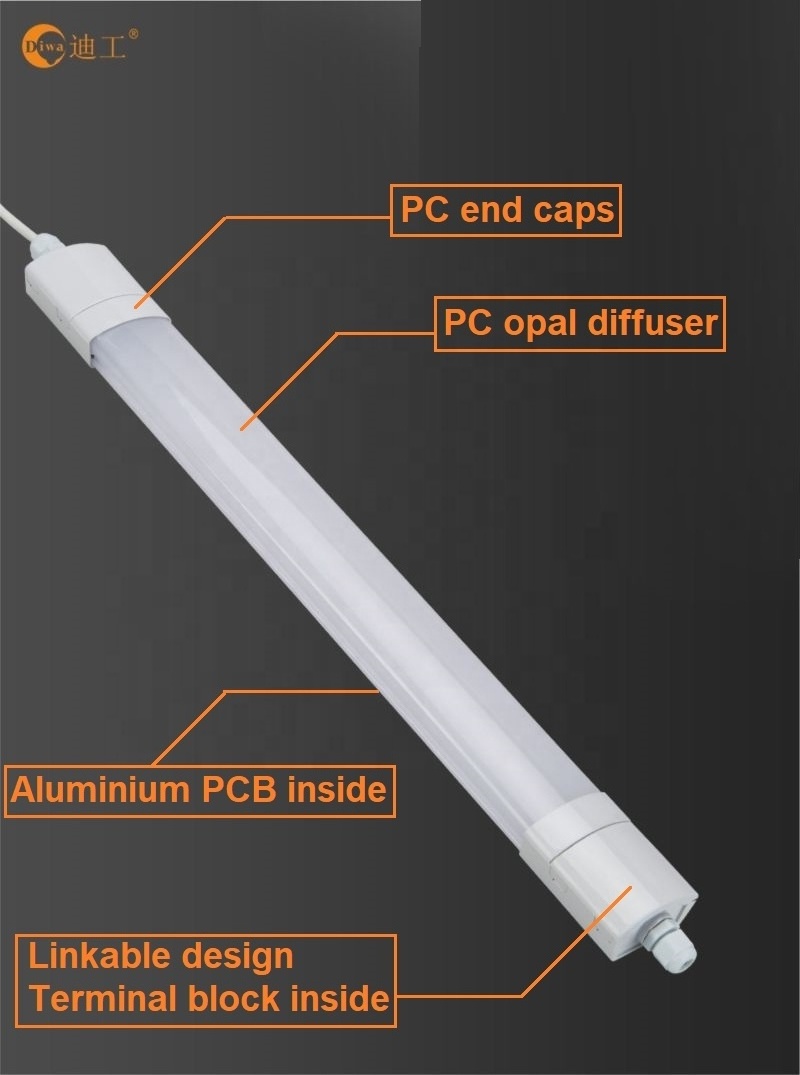 Zhongshan OEM ODM IP65 IK08 2 ft 4 ft 5 ft led triproof led triproof light ip65 led tri-proof fixture