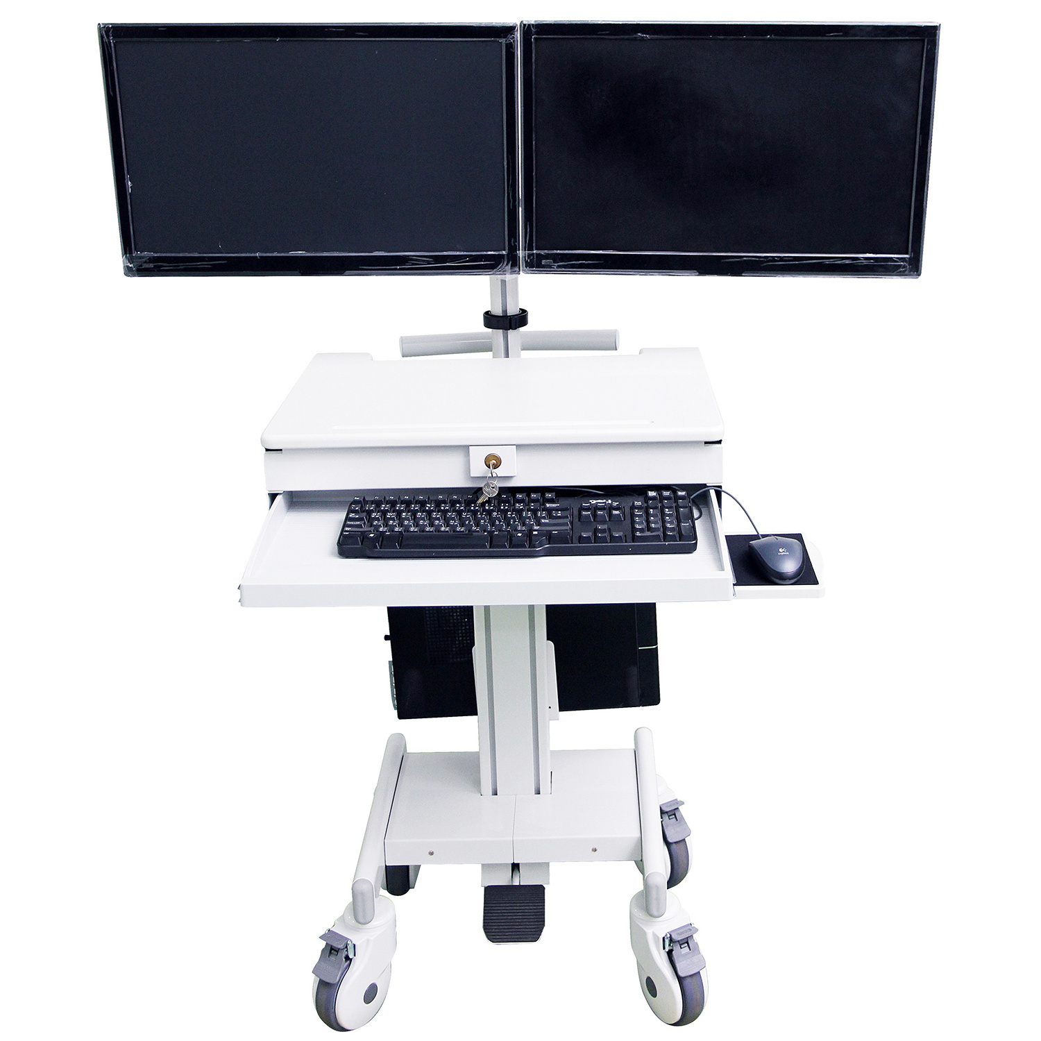 Hospital Medical Trolley Medical Computing Cart for Medical Workstation dual LCD monitor arm with gas lift cart with cpu holder