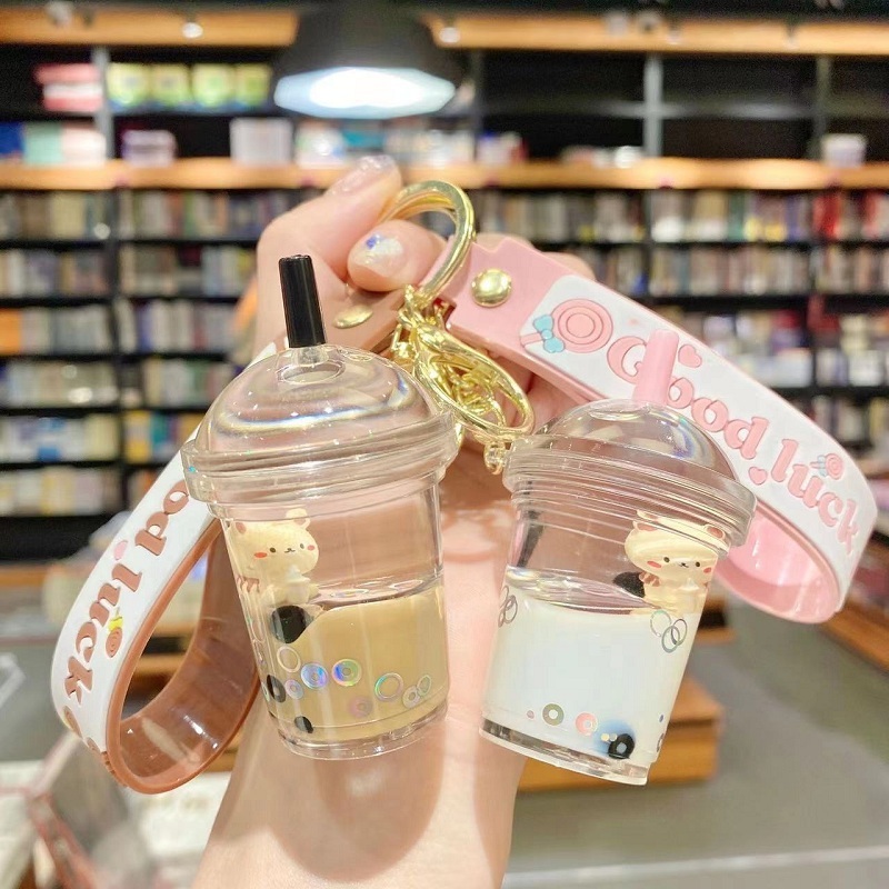 New Arrival Pearl Milk Tea Cup Keychain Teddy Bear Boba Liquid  Keychain Floating Boba Keychain