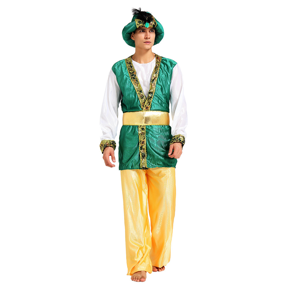 Mens Cosplay Long Desert Arabian Prince Robe With Kerchief and Hairband Fancy Arabian Chief Costume Outfit