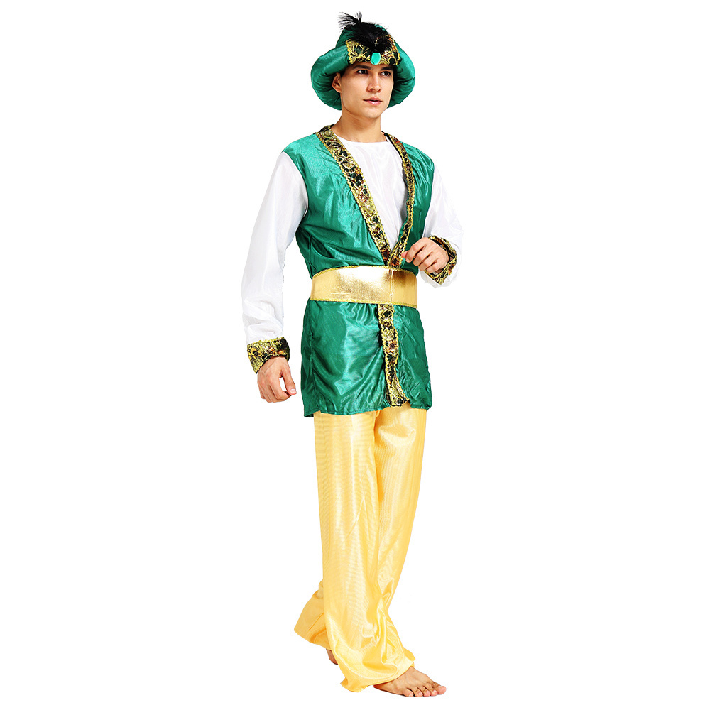 Mens Cosplay Long Desert Arabian Prince Robe With Kerchief and Hairband Fancy Arabian Chief Costume Outfit