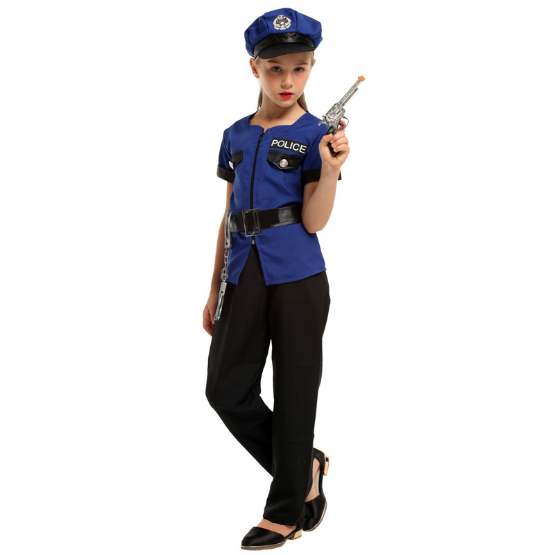 DIXU Kids Police Costumes Halloween Costumes For Girls Short Sleeves Officer Uniform Set Role Play Dress Up