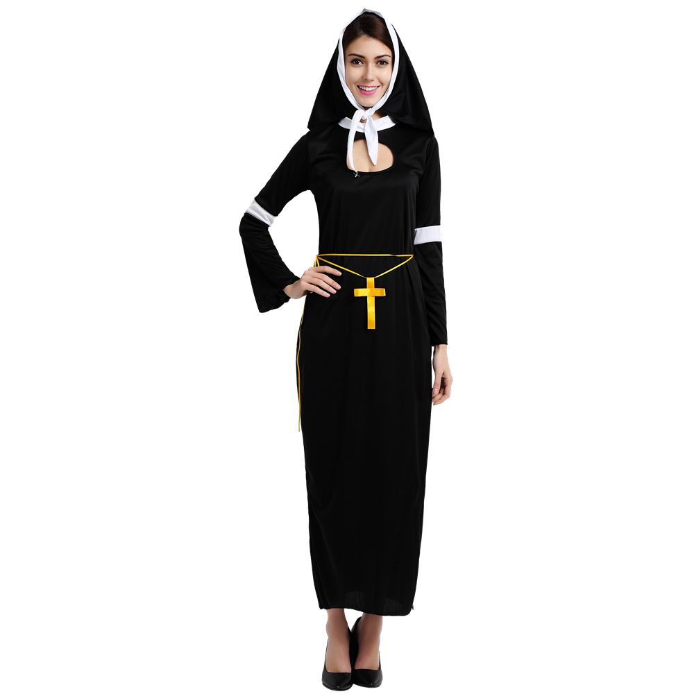 Halloween Sister Cosplay Party Costume Nun Outfits Virgin Mary Black Nun Costume Adult Women Cosplay Dress With Cross