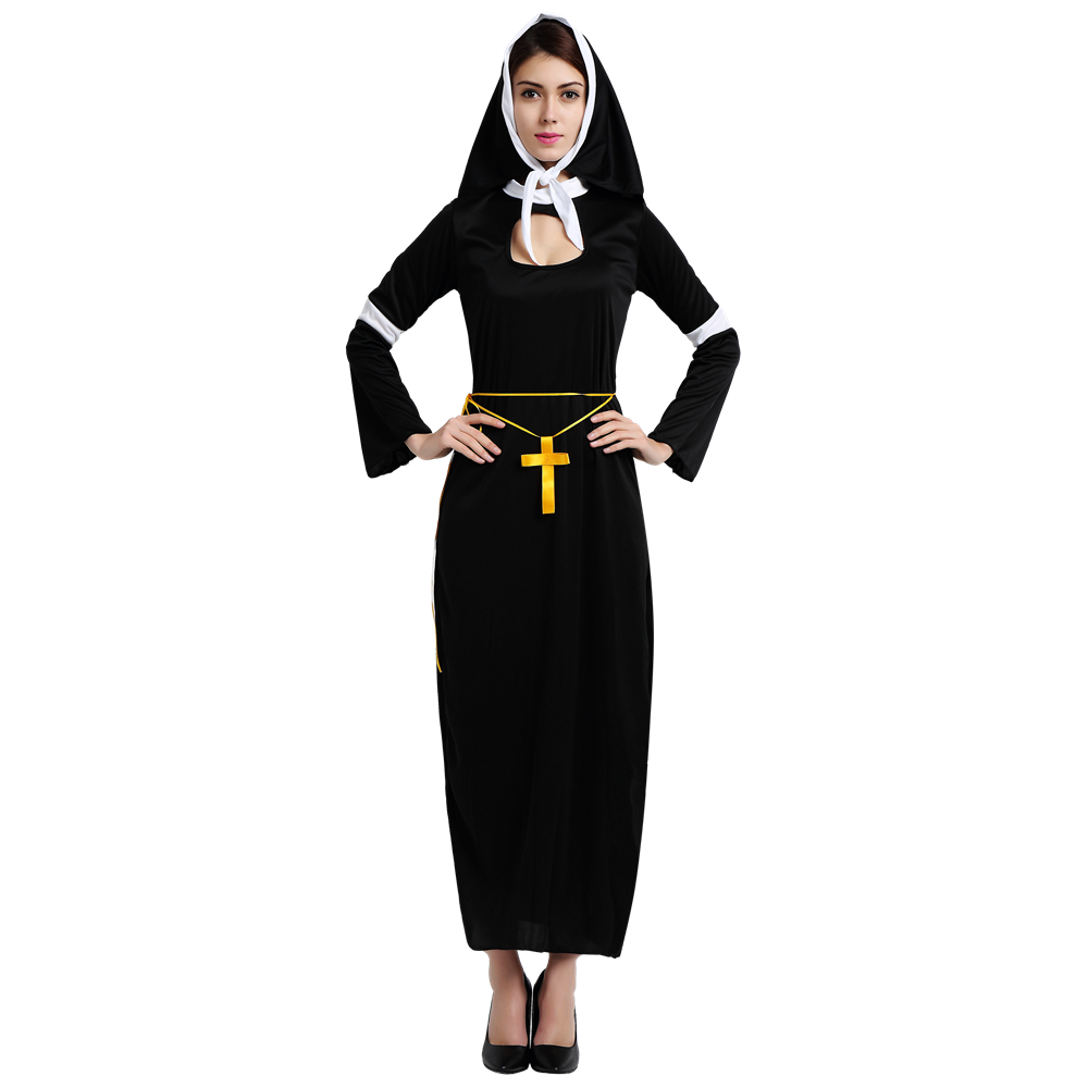 Halloween Sister Cosplay Party Costume Nun Outfits Virgin Mary Black Nun Costume Adult Women Cosplay Dress With Cross