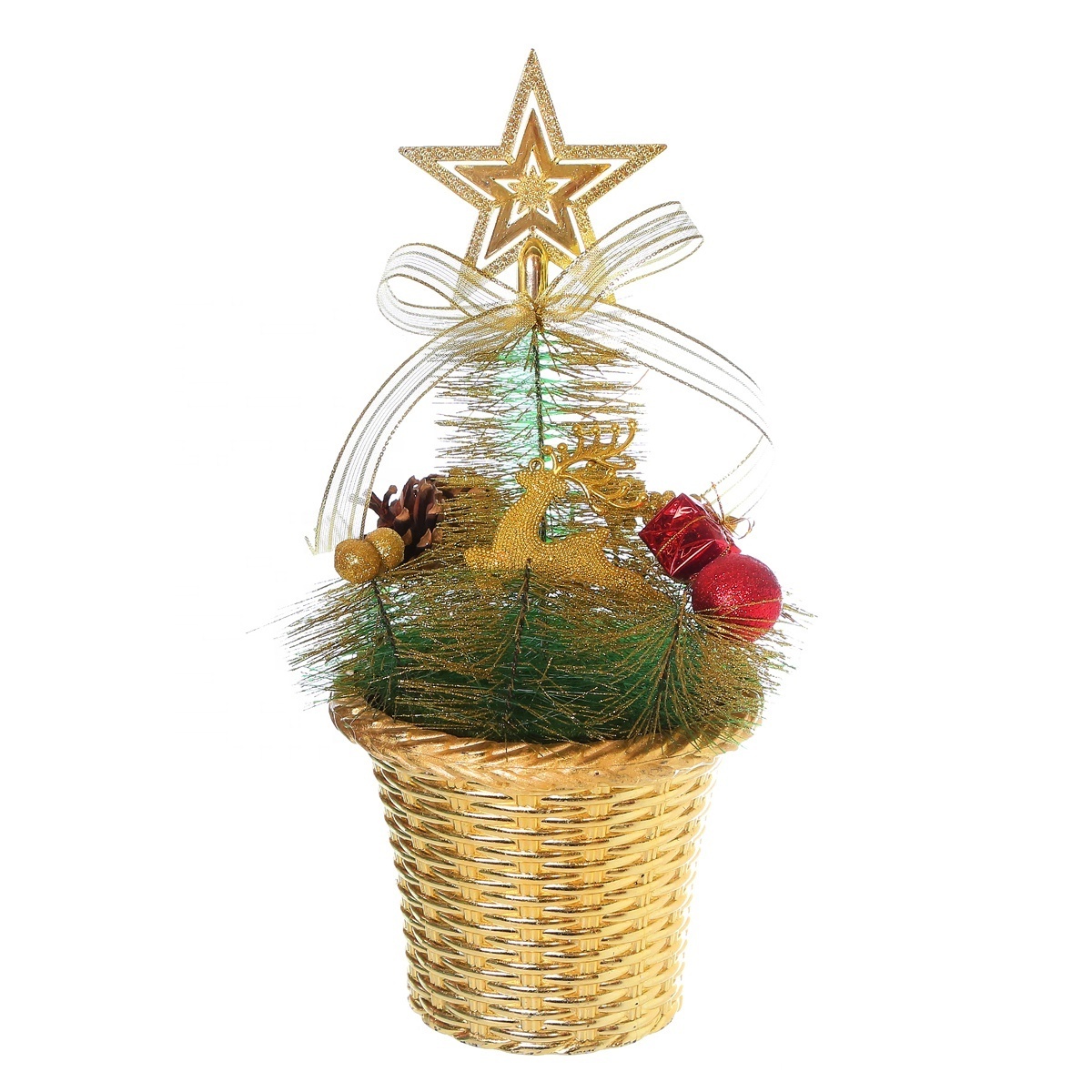 Yellow Basket Base Xmas Small Desktop ornaments Table Top Artificial Mini Christmas Tree With Star