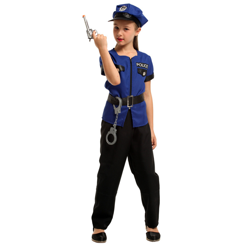 DIXU Kids Police Costumes Halloween Costumes For Girls Short Sleeves Officer Uniform Set Role Play Dress Up