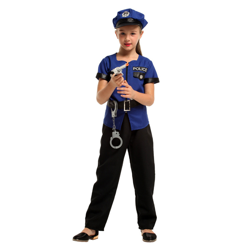 DIXU Kids Police Costumes Halloween Costumes For Girls Short Sleeves Officer Uniform Set Role Play Dress Up