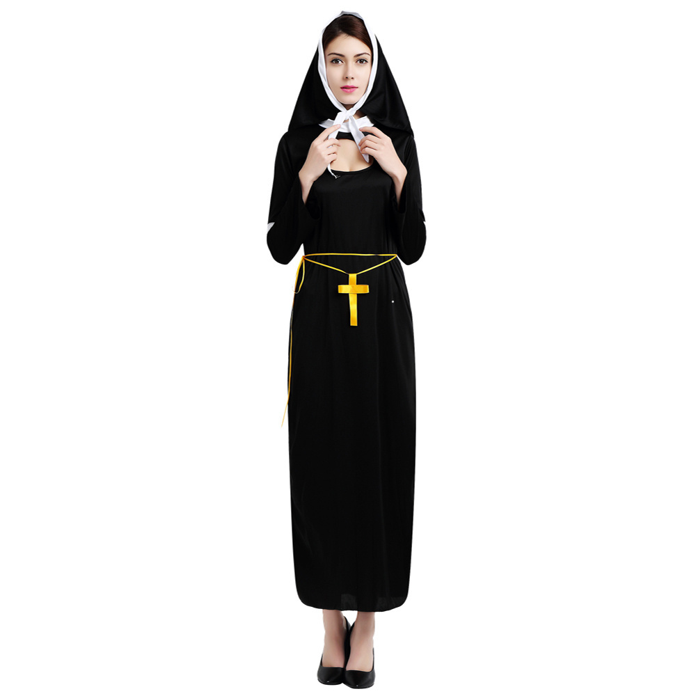 Halloween Sister Cosplay Party Costume Nun Outfits Virgin Mary Black Nun Costume Adult Women Cosplay Dress With Cross