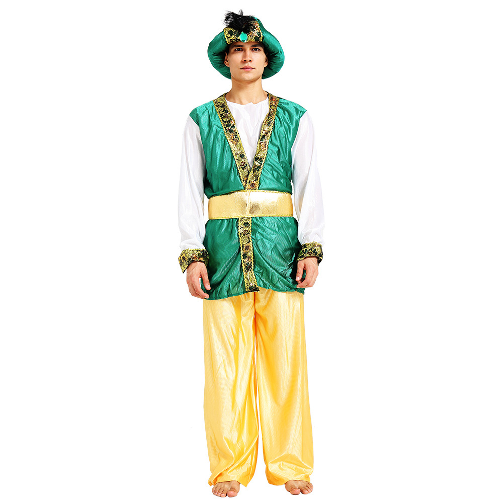 Mens Cosplay Long Desert Arabian Prince Robe With Kerchief and Hairband Fancy Arabian Chief Costume Outfit