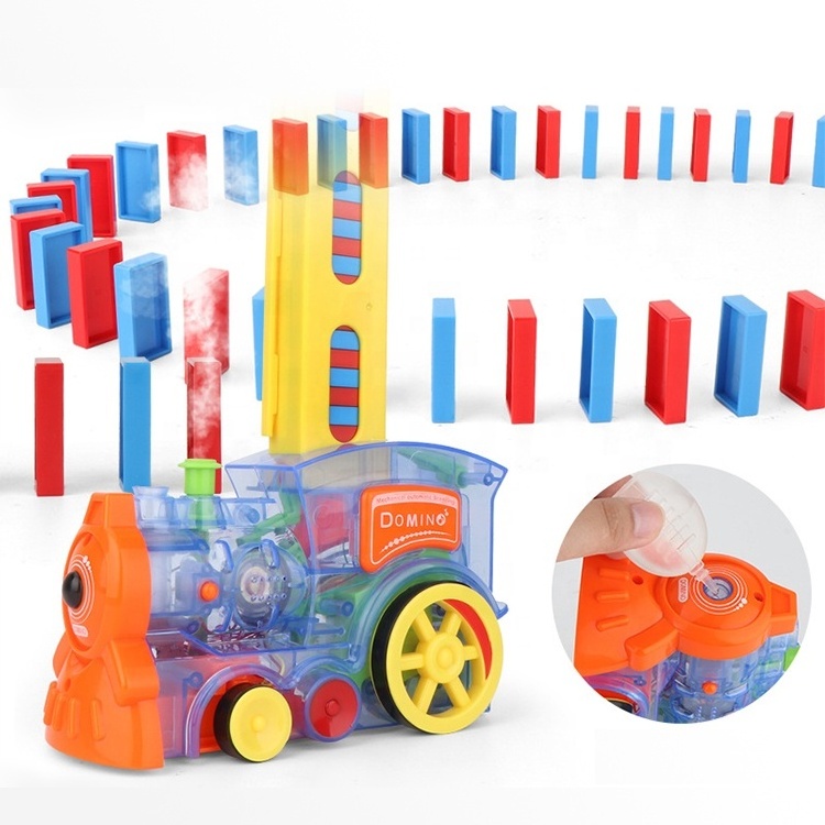 Classic game domino train toy block set 80pcs spray mist electric dominos train for kids