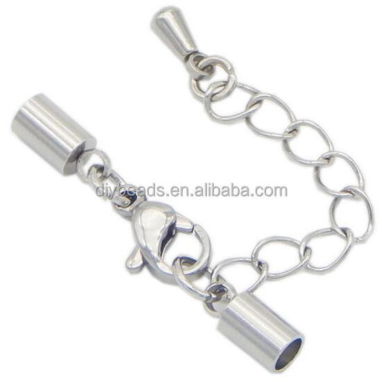 Stainless Steel End Cap With Extended Chain Lobster Clasp For Leather Cord Bracelet