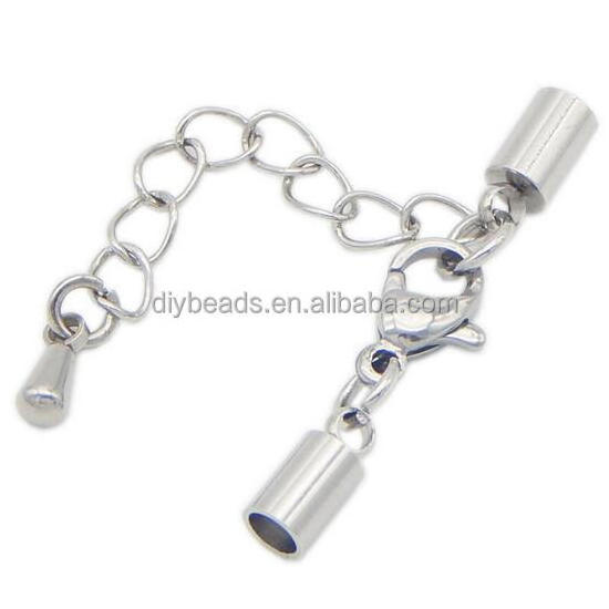 Stainless Steel End Cap With Extended Chain Lobster Clasp For Leather Cord Bracelet