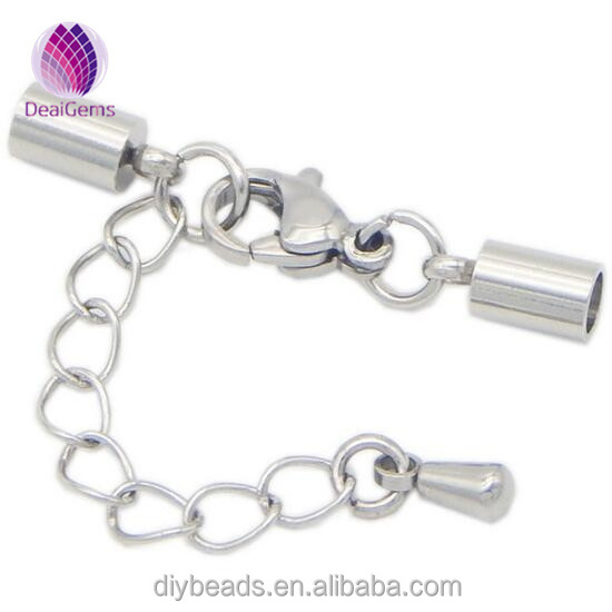 Stainless Steel End Cap With Extended Chain Lobster Clasp For Leather Cord Bracelet