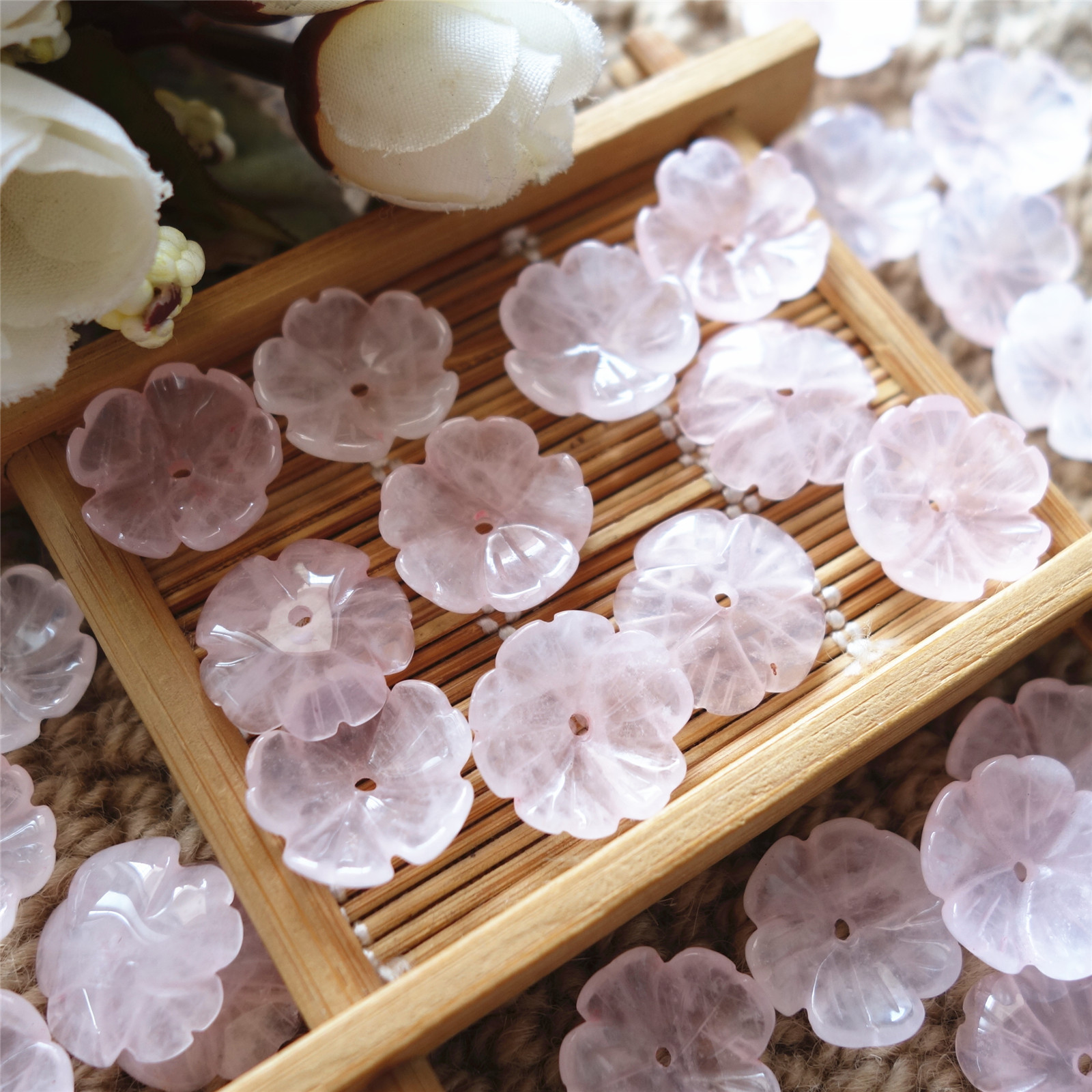 12mm Carved Flower Rose Quartz Spacer Beads Gemstone Loose beads