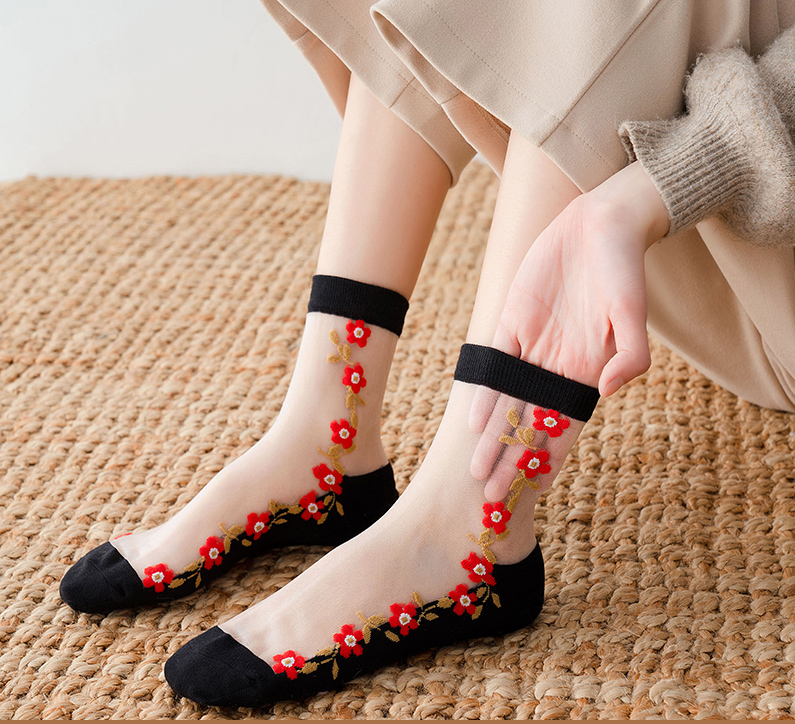 Hot sale socks for women Customized Female silk Socks Crystal lace Socks with combed cotton sole