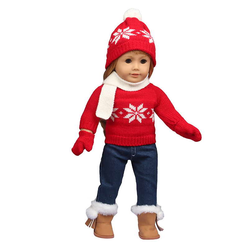 American 18 Inch Doll Clothes White Snow Paint Red Hat White Scarf With Jean Baby Doll Accessories For Christmas